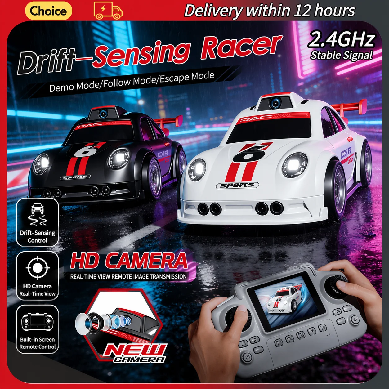 2.4Gdrift induction RC car model HD camera demonstration support rear-end mode high-speed RC racing toys suitable for children