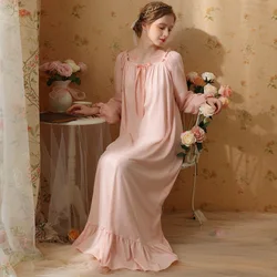 Sweet Cotton Night Dress Women Solid Color Long Sleeve Robe Peignoir Sleepwear Princess Nightwear Victorian Vintage Nightgowns