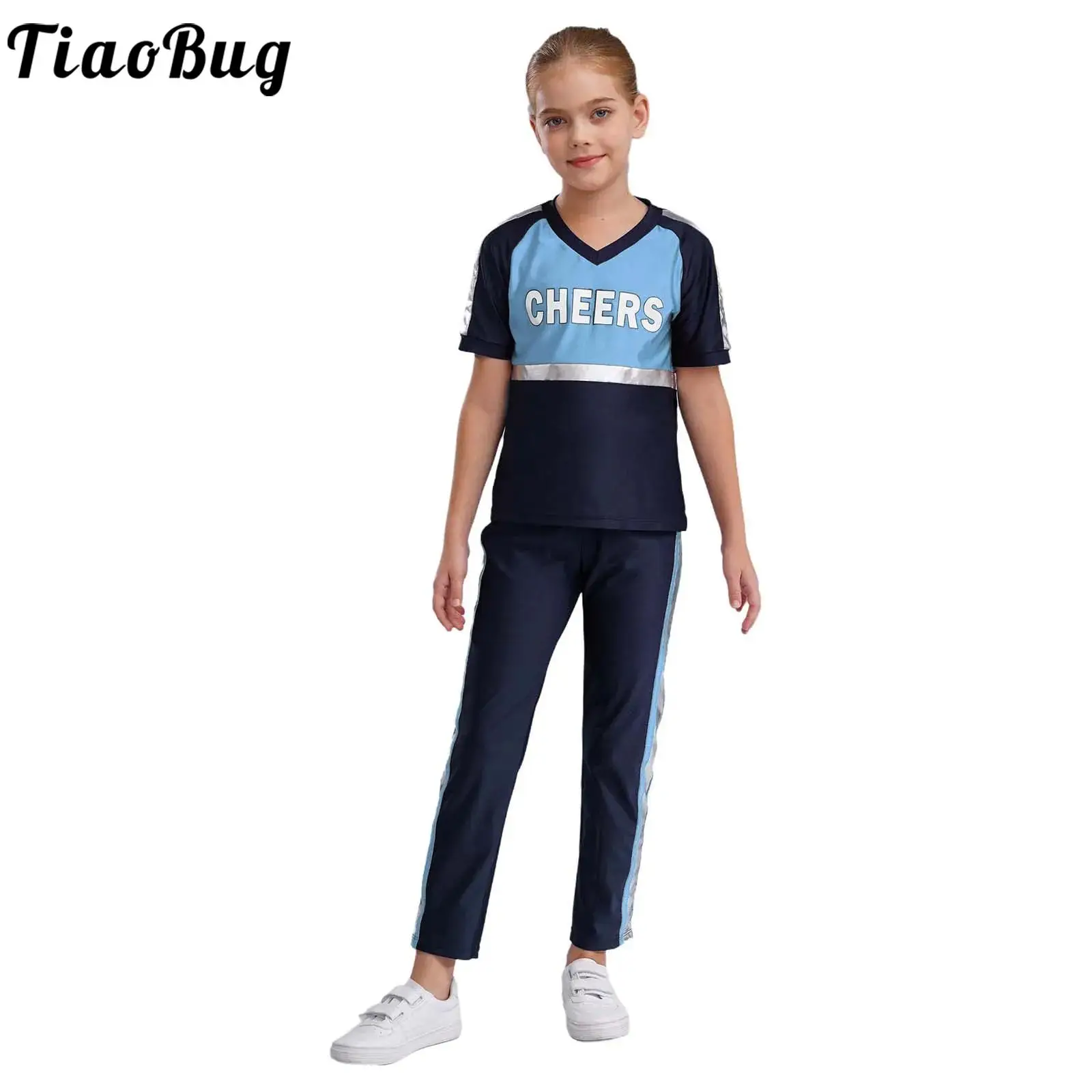 

Kids Boys Girls Cheerleading Uniform 2Pcs Sport Workout Gymnastic Dance Outfit Short Sleeve Letter Print T-shirt with Pants Sets