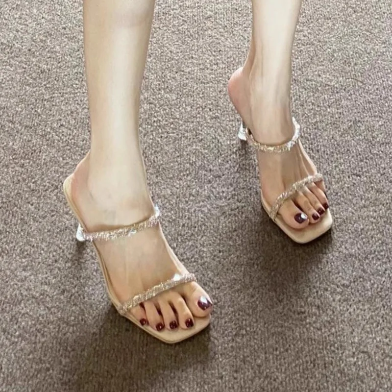 

Sandals 2025 New Style Water Diamond High Heels Half Dragged Women's Sandals High Heels Thin Heels Transparent Slippers