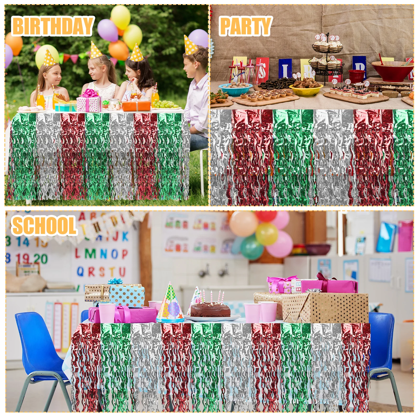 

Colorful Wavy Plastic Table Skirt Scimitar Style 275x75cm Wedding Birthday Holiday Party Decorations Metallic Tinsel Fringe