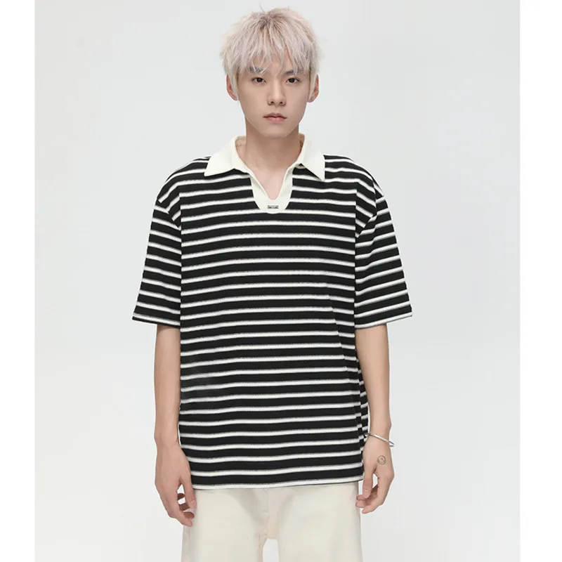 

SYUHGFA мужские футболки в корейском стиле с лацканами в полоску, контрастные цвета, лоскутные футболки, свободный пуловер с короткими рукавами, мужские топы