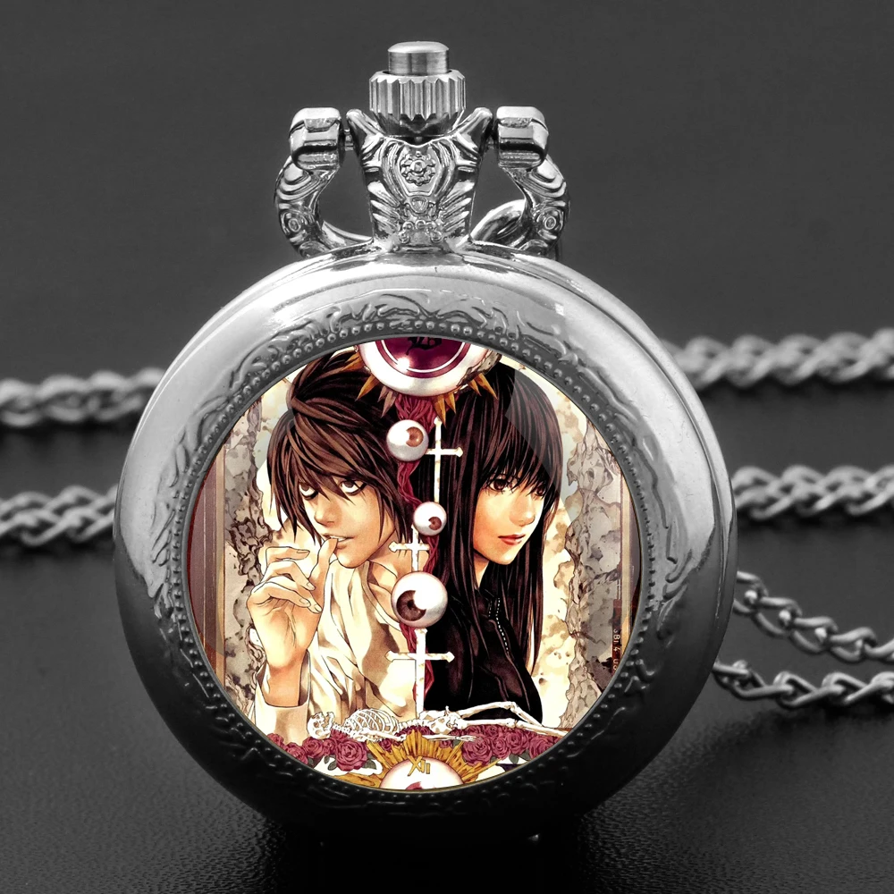 Anime Death Note Design Glass Dome Quartz Pocket Watch with Durable Chain Arabic Numeral Dial for Men and Women Creative Gifts