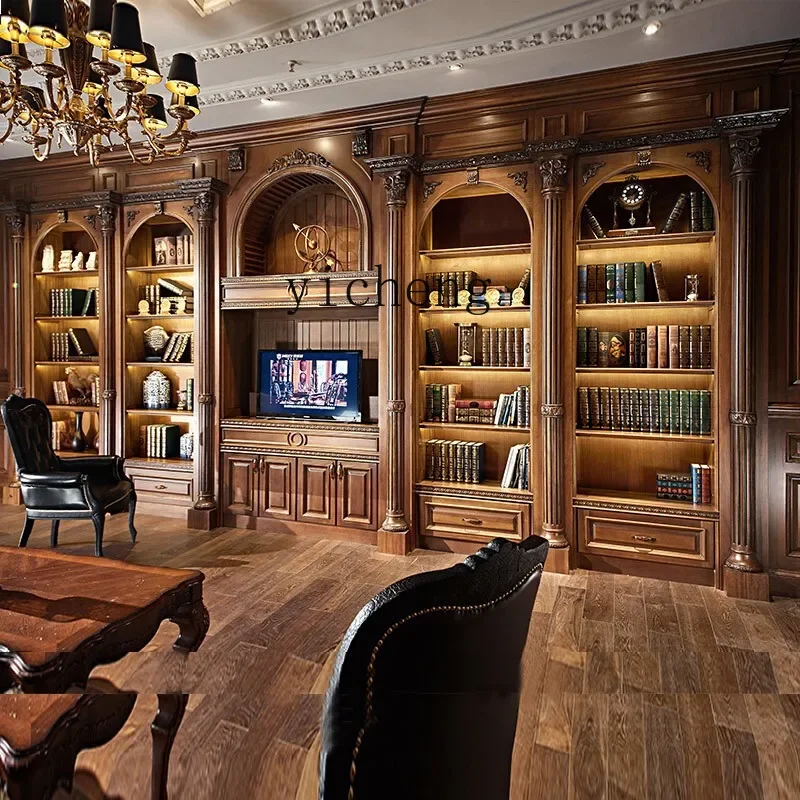solid wood bookcase wall combination study American retro large bookcase bookcase living room jewelry cabinet