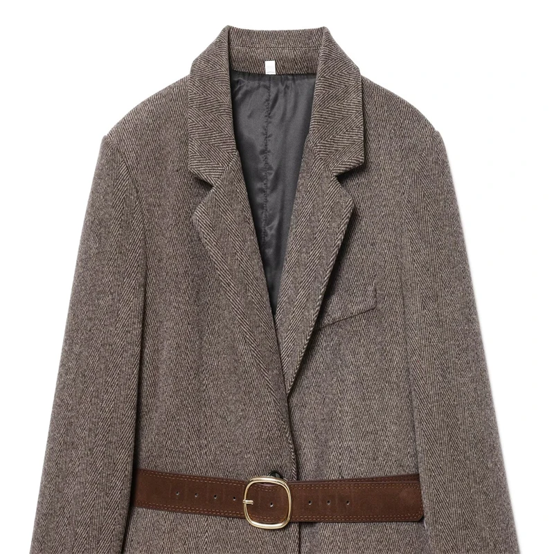 سترة تويد متعرجة للنساء مع حزام، سترة بنية واحدة الصدر وطية صدر السترة، مكتب أنيق وملابس خارجية غير رسمية" #4