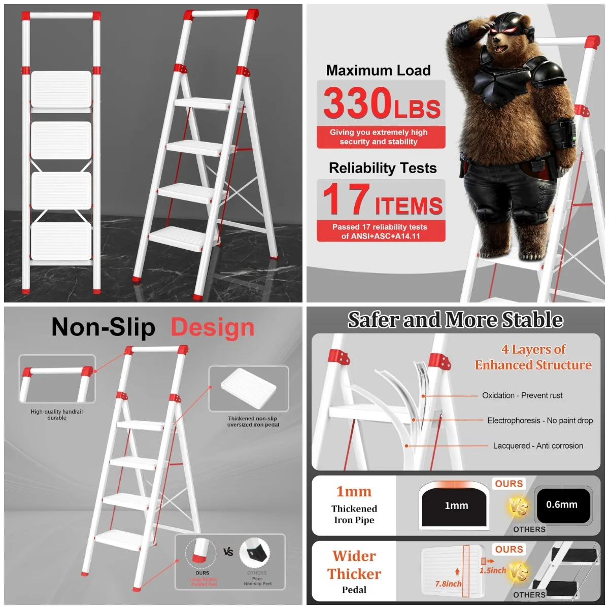 

4-Step Folding Ladder, Wide Anti-Slip Pedal, Steel Construction, White Red