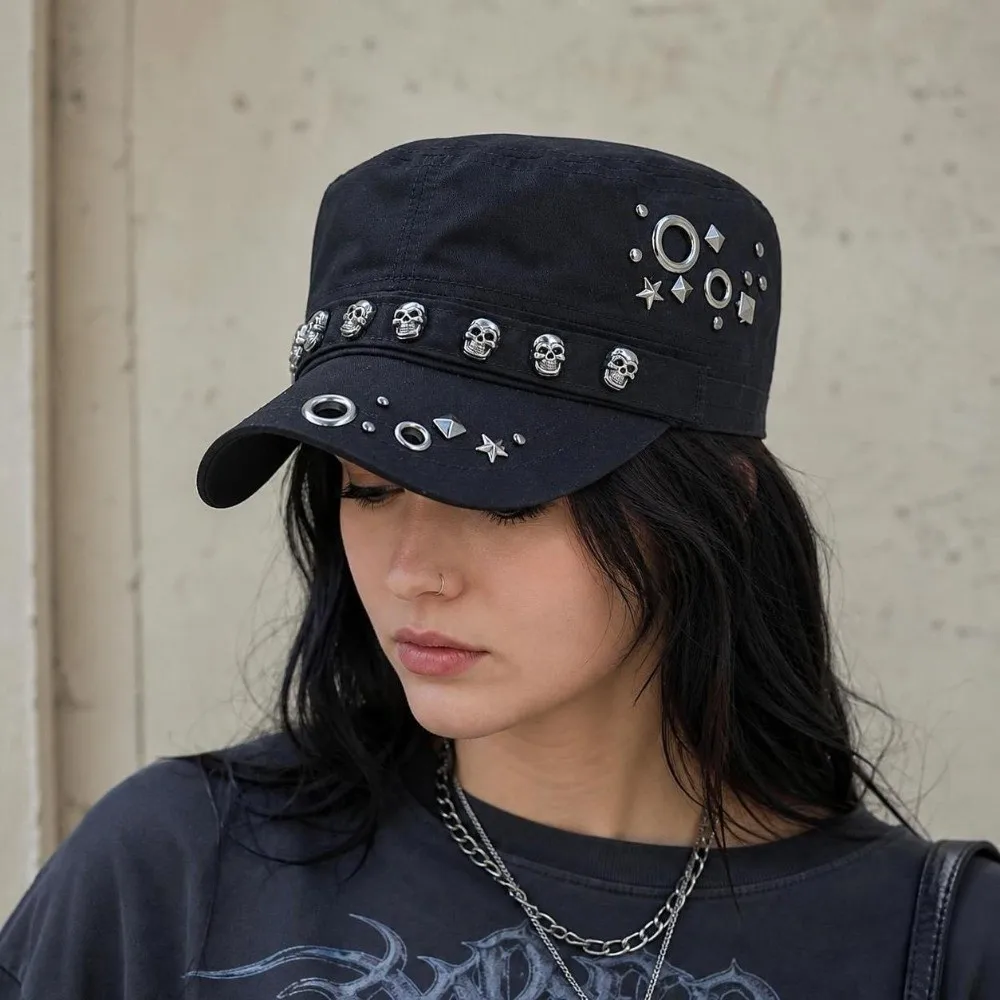 Cotton Material Skull Flat Top Cap Unique Punk Style Sports Visors Hats Adjustable Breathable Dancing Caps Outdoor Leisure