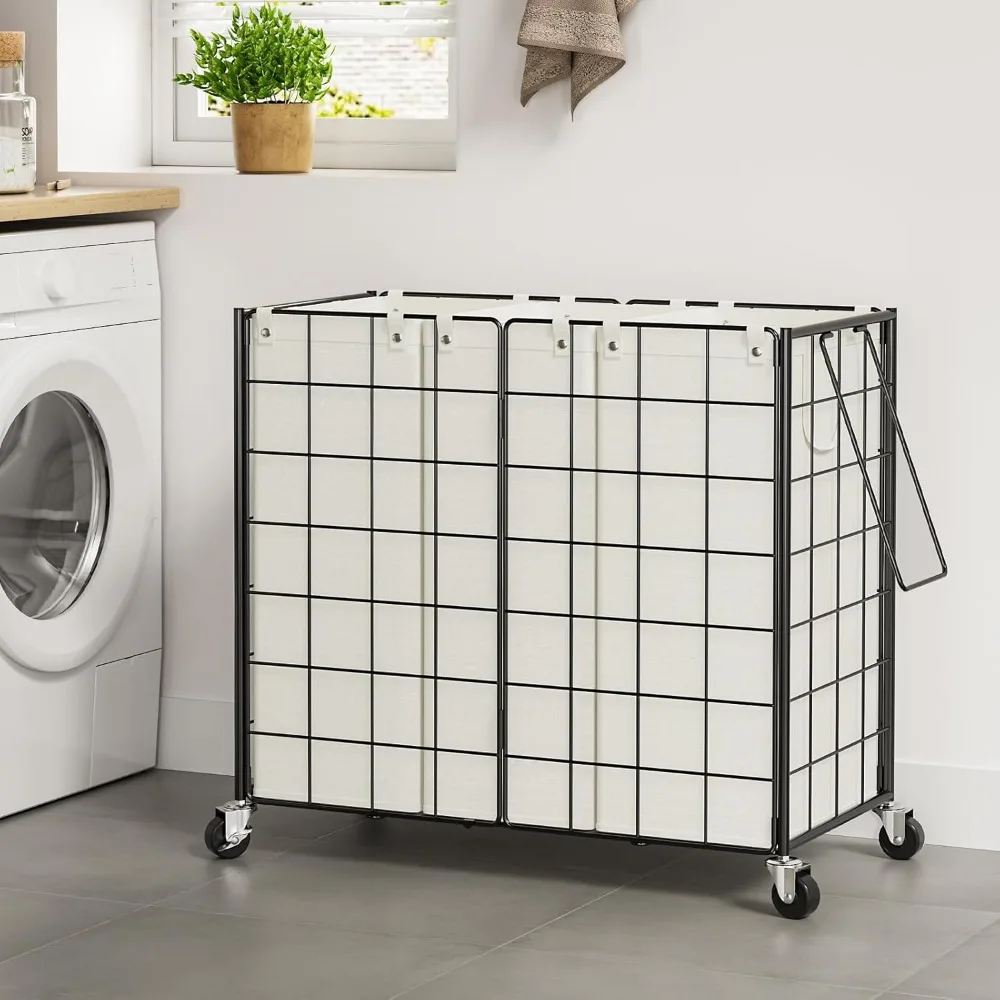 Rolling Metal Wire Laundry Hamper with 3 Removable Bags, 150L Capacity for Dirty Clothes Storage Solutions