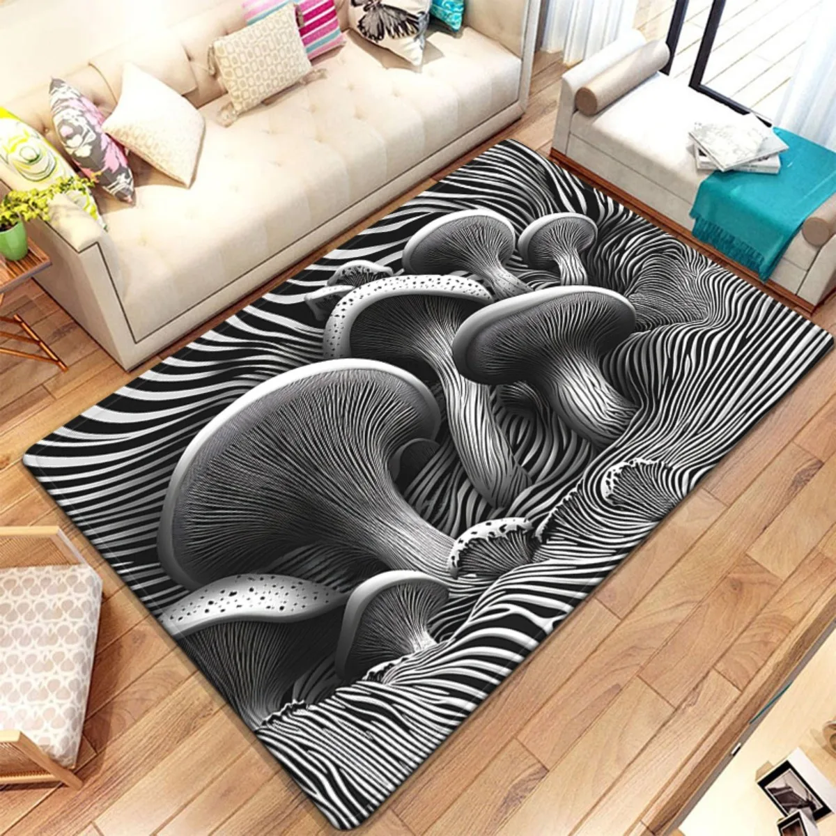 

Черный, белый гриб, оптическая иллюзия, 3D ковер, абстрактное искусство, ковер, современная гостиная, напольный коврик, психоделический домашний декор