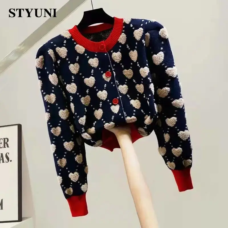 Heart Argyle Diamonds O-Neck High Street Kawaii Knitted Women\'s Sweaters Long Sleeve Buttons Short Jumpers Female Cardigans