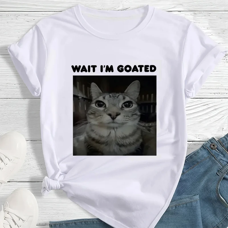 

Wait I'm Goated Забавная футболка с котом-мемами Женская одежда Повседневные футболки большого размера Унисекс Хип-хоп Винтажные футболки Y2k Уличная одежда