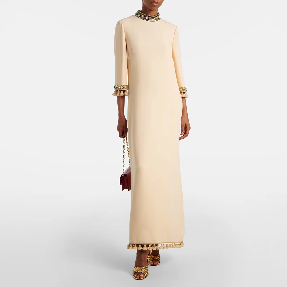 

Индивидуальные простые вечерние платья для женщин с высоким воротником, рукавами до локтя, украшенные кристаллами, выпускные платья из джерси, прямые, длиной до щиколотки