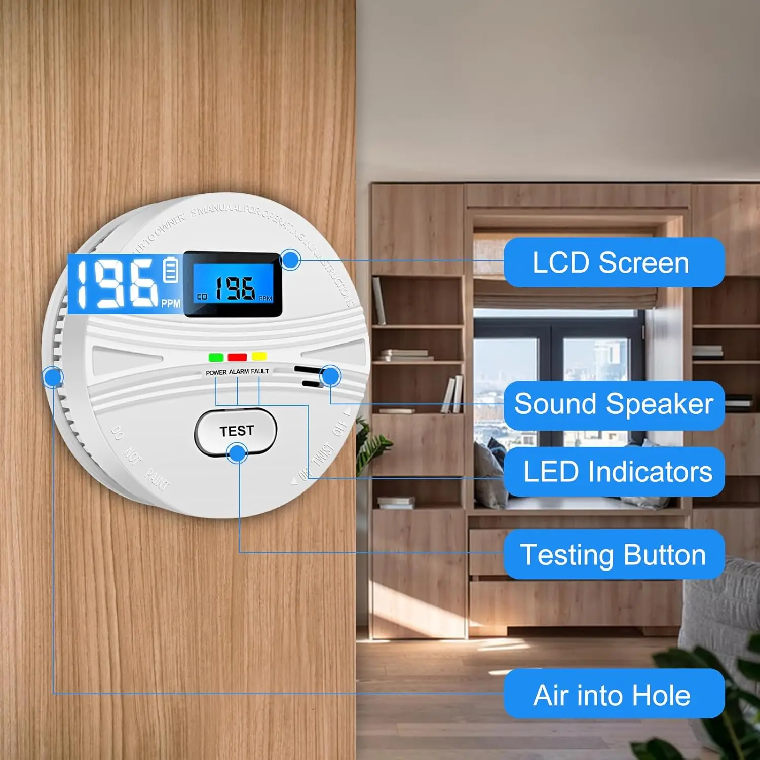 Combo Detector inteligente de humo y monóxido de carbono 2 en 1, alarma con botón de prueba y pantalla Digital para el hogar, garaje, cocina, baño