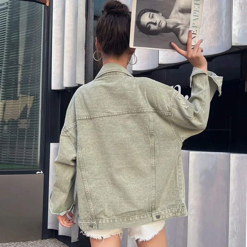 Women's Retro Distressed Heavywork Beaded Rhinestone Denim Jacket Spring/Autumn New Style Casual Loose Fit Versatile Jacket