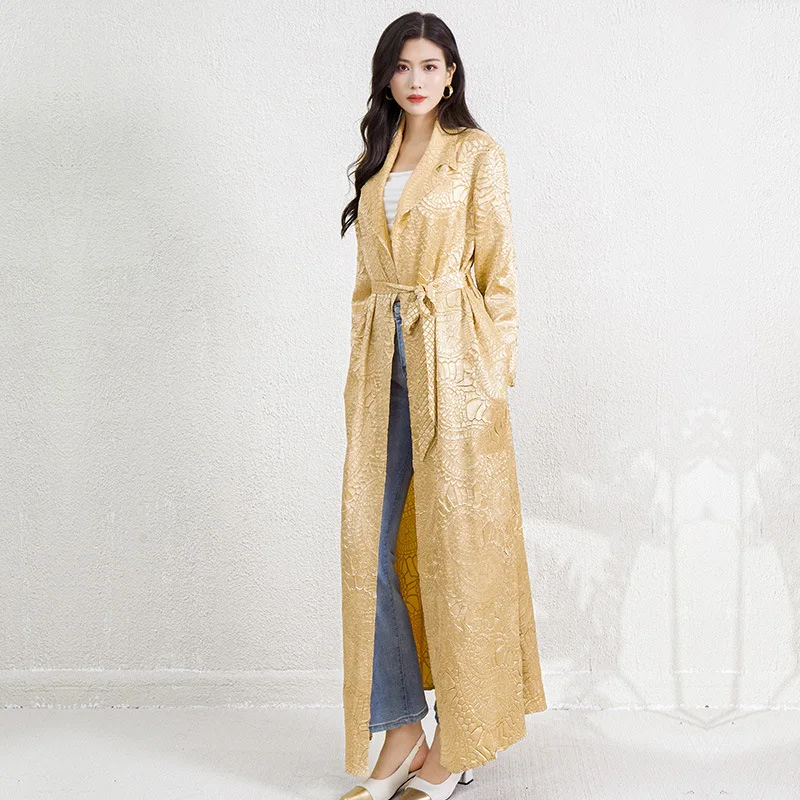 Heavy Industry Embroidered Embossed Long Fashion Coat for Women Autumn New Style Large Cardigan with Strap Silver Robe