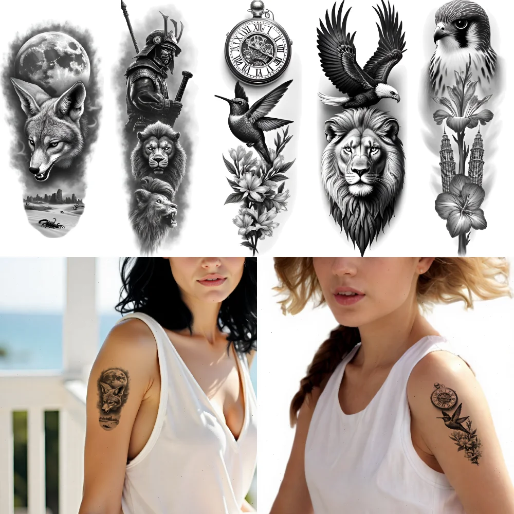 

12 шт. временные татуировки татуировки с животными водостойкие долговечные наклейки для тела дикая природа искусство черный и серый реализм для бедра руки