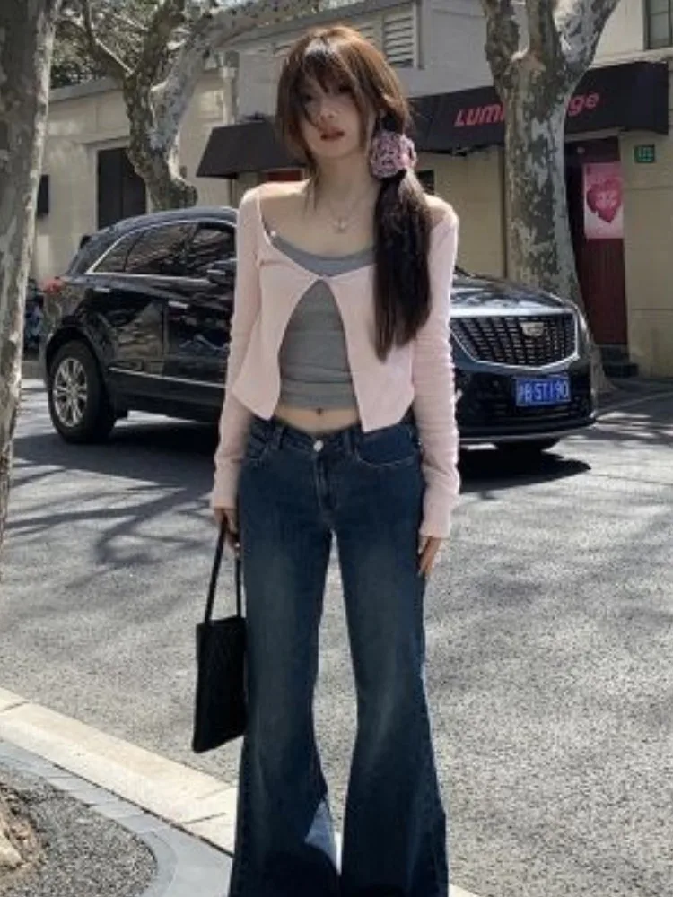 Sweet Fairy Solid One-button Crop Cardigan Harajuku Tops + Grunge Slim Tank Top Women 2024 Autumn Y2k Aesthetic Two Pieces Set