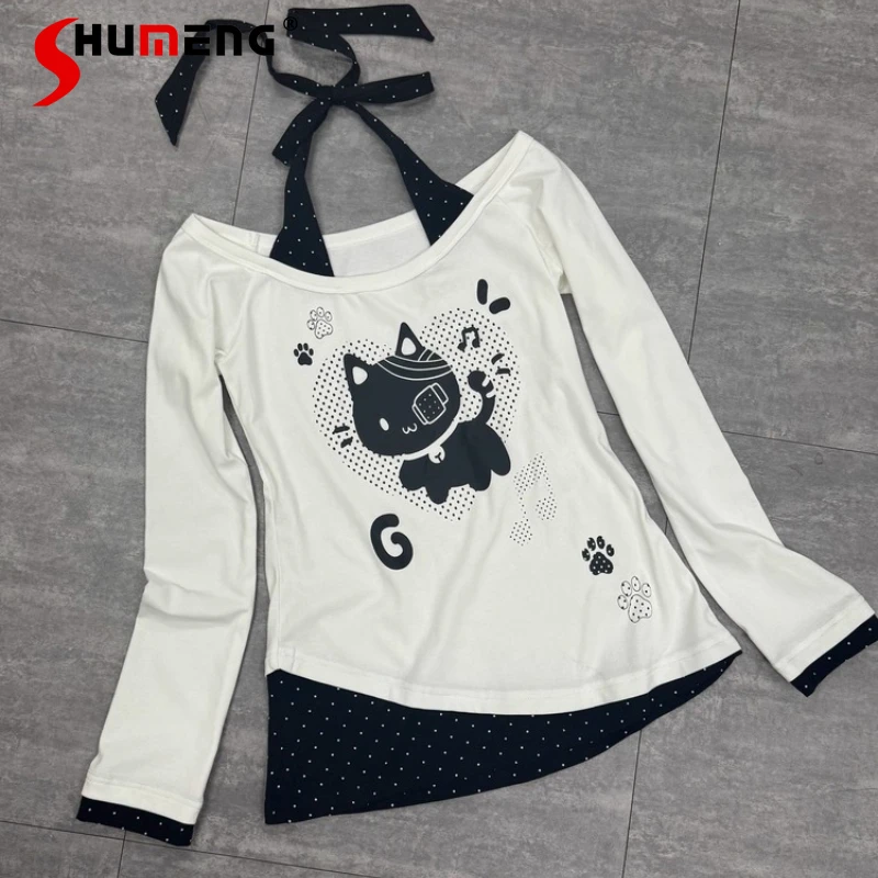 

Original Subculture Kawaii Long-sleeved Tops Autumn New 2025 Japanese Girls Sweet Cool Cartoon Print Fake Two-piece Neck T-shirt