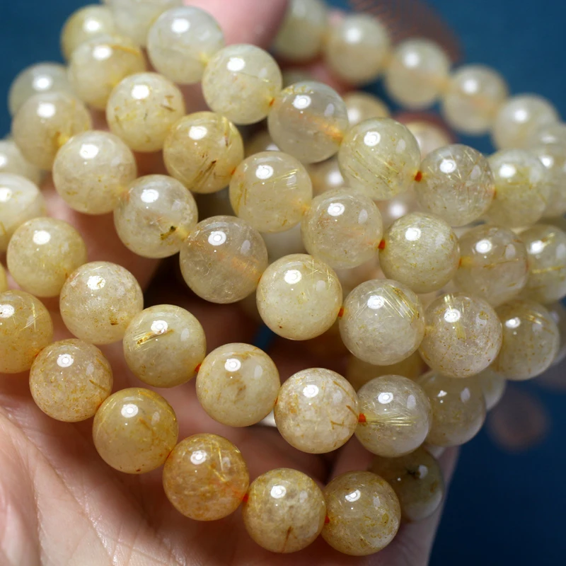 Meihan Natural Gold Rutilated Quartz Smooth Round Loose Stone Beads For Jewelry Making Design gift