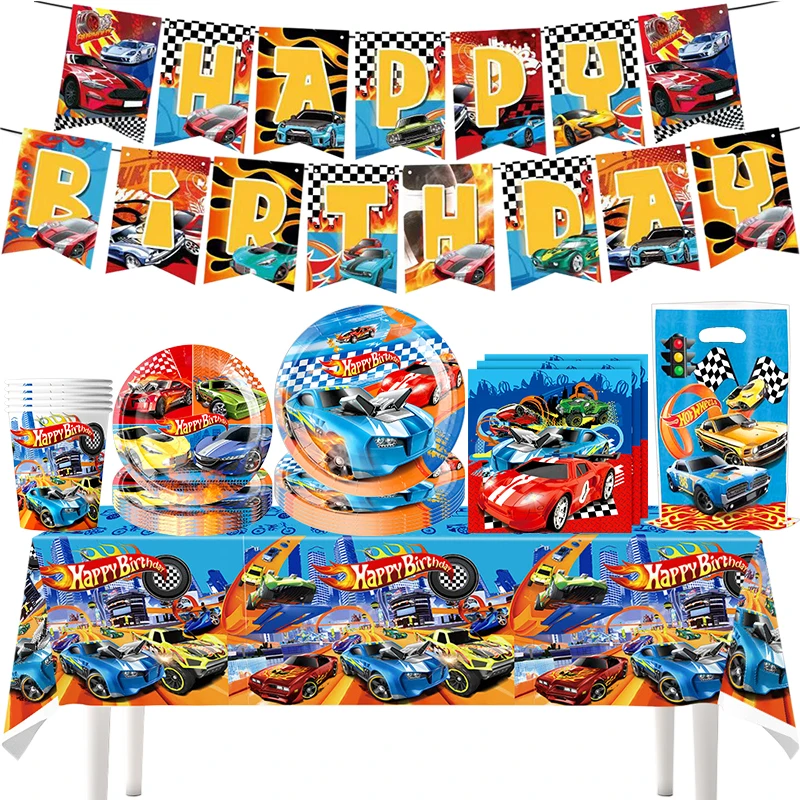 Hot Wheels Birthday Party Decorations Racing Cars Boys Tableware Set Balloon Plates Background Party Decor Baby Shower Supplies