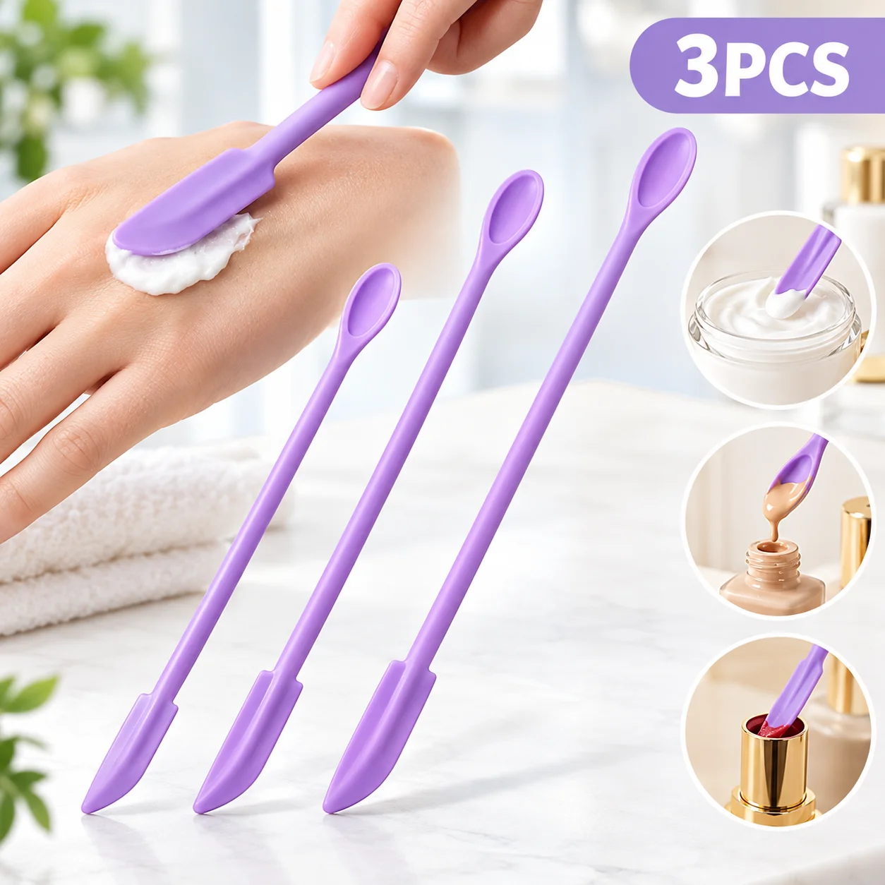 3Pcs Purple Silicone Double-Headed Spatula Set Mini Cosmetic Scraper for Empty Bottle Foundation Lotion Jar Makeup Beauty Tool