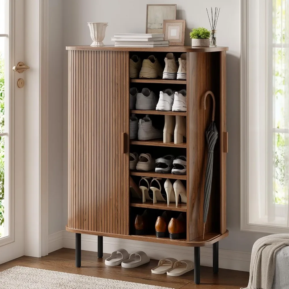 ONBRILL 6-Tier Shoe Cabinet with Sliding Door, Wooden Shoe Storage Cabinet with Adjustable Shelves, Mid-Century Modern Freestanding Shoe Storage Organizer for Entryway, Hallway, Living Room, Walnut