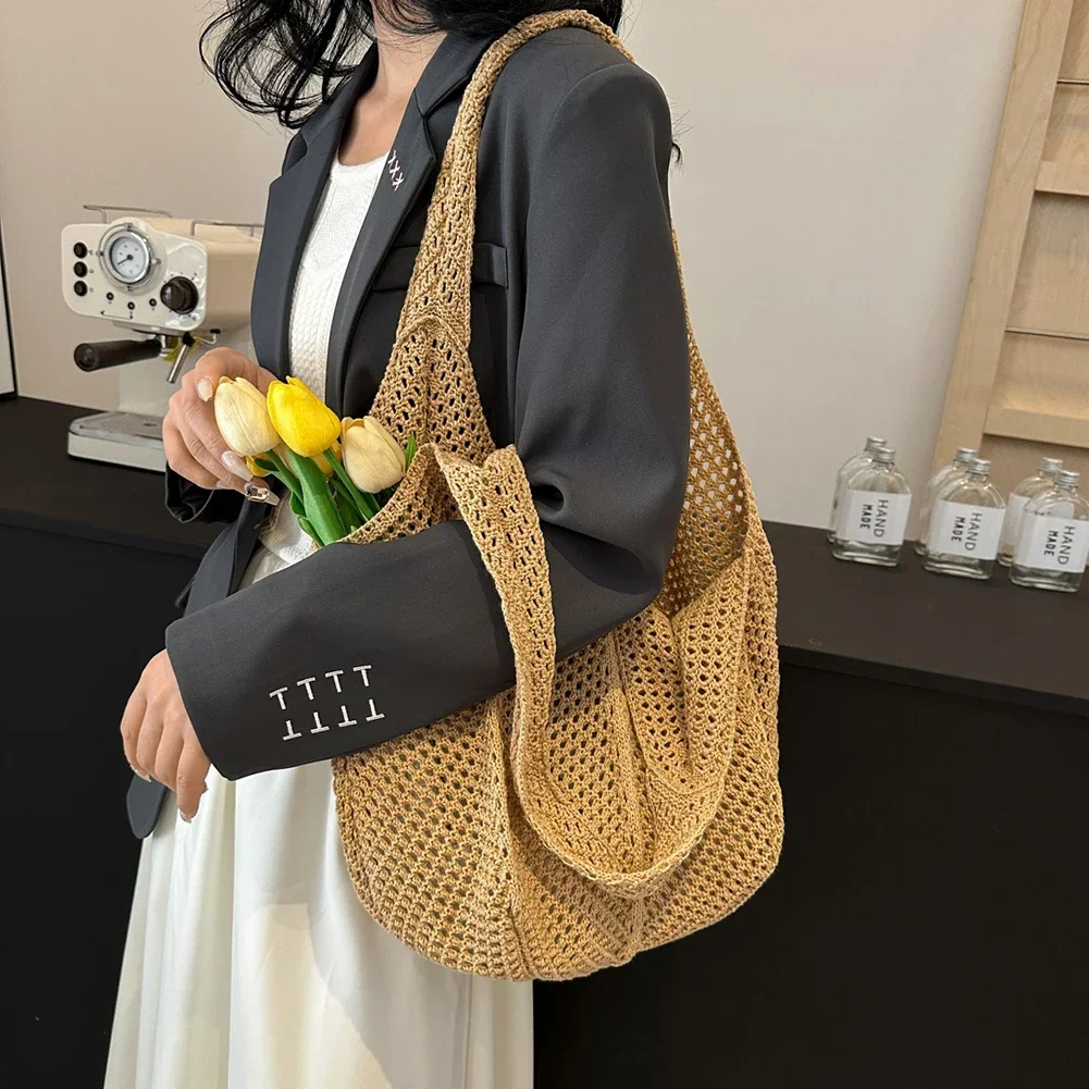 PLD-04 Women Summer Beach Straw Handbag Large Capacity Hollow Out Knitted Bags Bohemian Woven Shoulder Bag