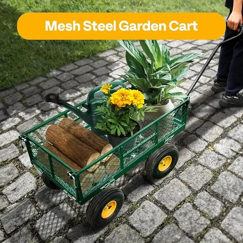 Mesh Steel Garden Cart Folding Utility Wagon with Removable Sides, Heavy Duty 880 Lbs Capacity and Wheels 10 Inch Tire