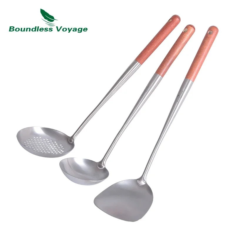 

Boundless Voyage Titanium Wok Spatula Strainer Spoon Cooking Set Outdoor Camping Cookware with Wooden Handle