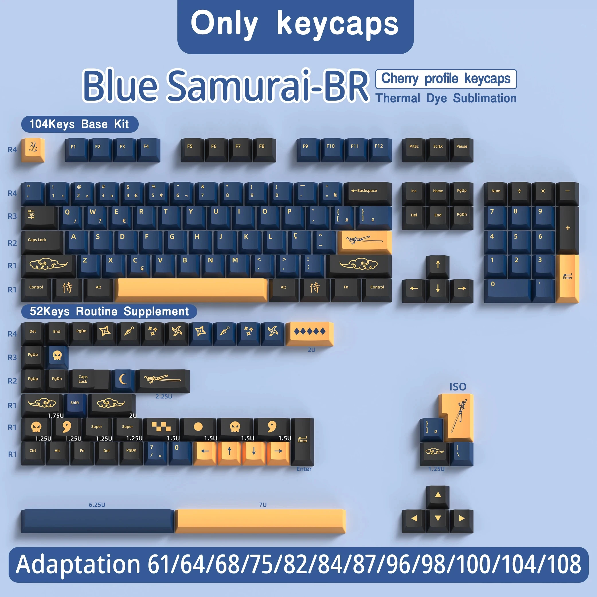 Imagem -06 - Dye-sub Keycaps br para Teclado Mecânico Abnt2 Cereja Perfil Pbt Samurai Azul Monstro Vermelho Samurai Barra de Espaço 7u