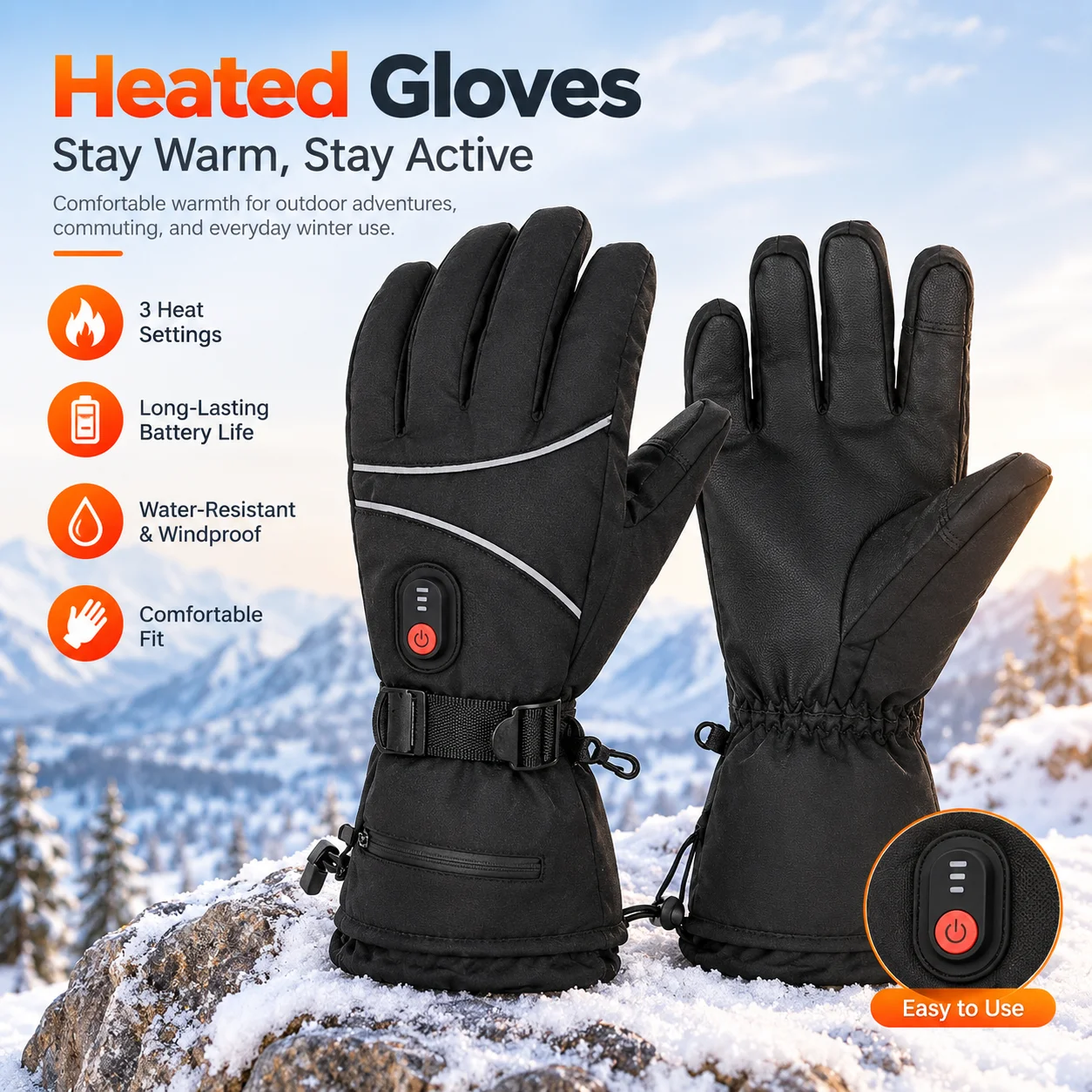 Heated Gloves for Men Women, Waterproof Electric Heated Gloves with 7.4V 3000mAh Rechargeable Battery, 3-Level Temperature Control, Touchscreen Winter Gloves for Skiing Cycling Hiking Fishing