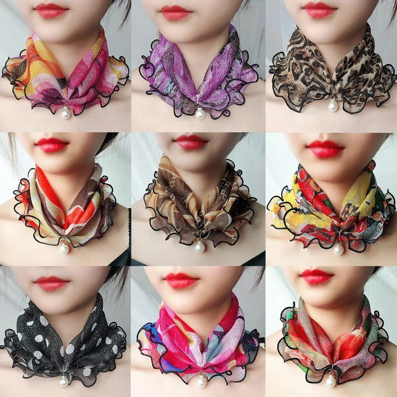 1PC Pearl Lace Scarf Neck Collar Print Shiny Variety Loop Scarf Ruffle Lace Scarf Pearl Pendant Chiffon Scarves Bandana Headband