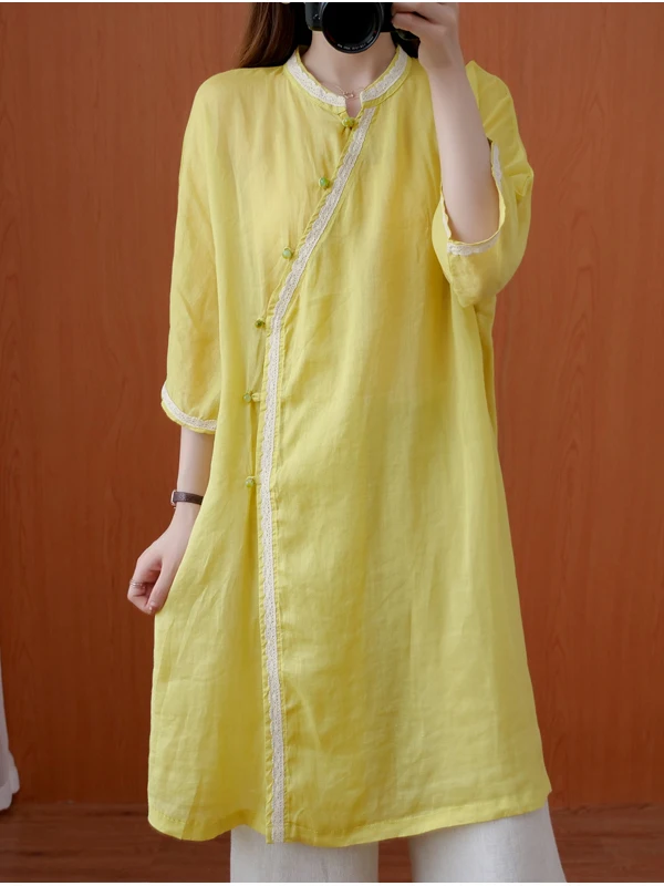 

Летнее женское платье свободного кроя из льна и хлопка, больших размеров, повседневное, в артистическом стиле, для чаепития, винтажное, с пуговицами и асимметричным подолом