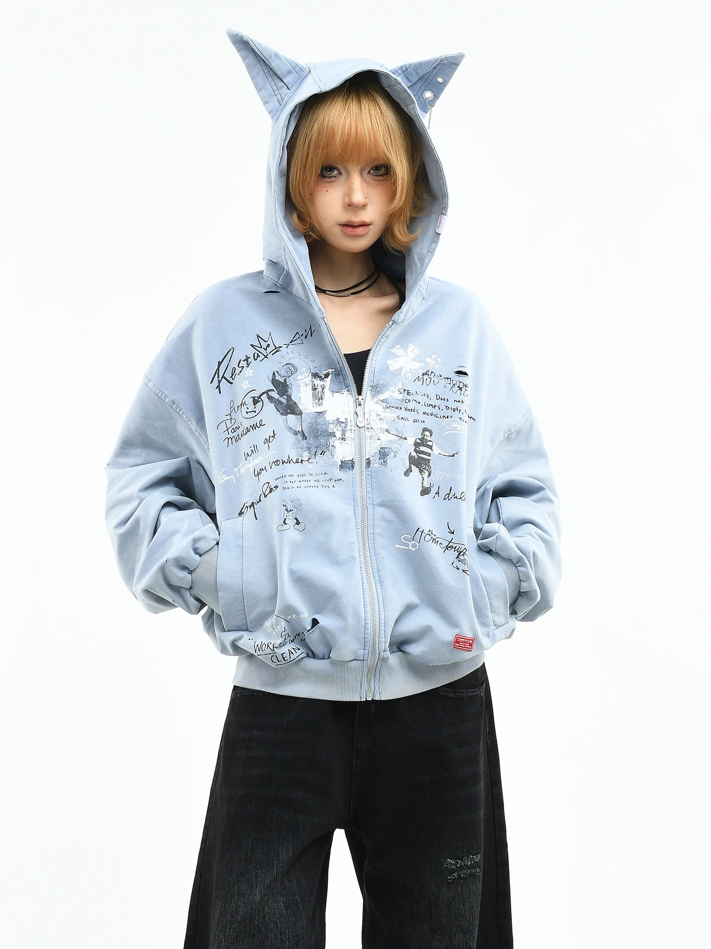 

OV Original American Retro fiti Dog Ear Hoodie Women's Loose Waed Spring Outerwear Men's Open Cardigan Jaet