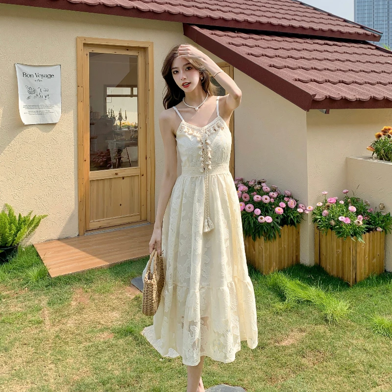 Women Long Dress 2024 Flounced Chiffon Sleeveless Spaghetti Strap Belt High Waist Apricot Color Dresses