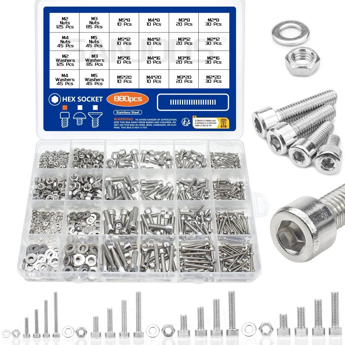 880Pcs Hexagon Hex Socket Head Cap Screw Set M2 M3 M4 M5 304 Stainless Steel Nuts & Washer Assortment Kit