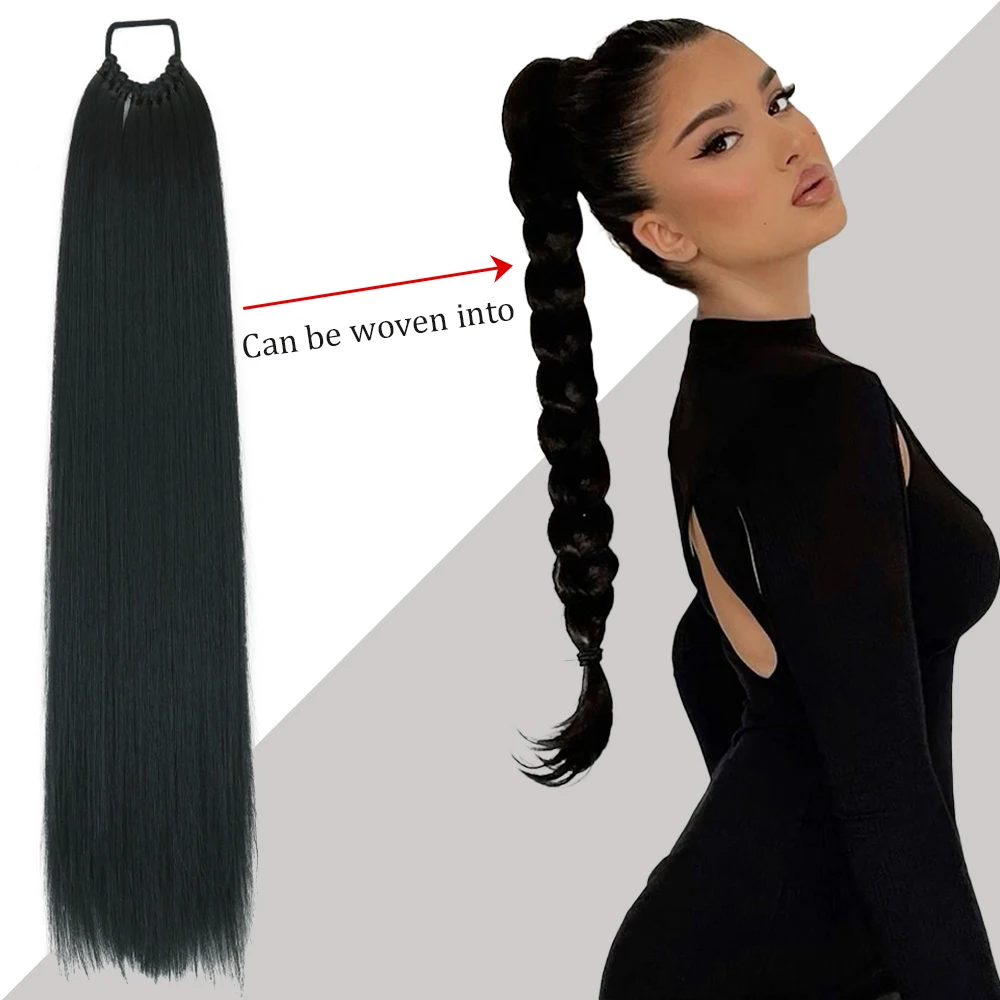 24 Inch Synthetic Ponytail Extensions Black Natural Braided Pony Tail Hairpiece Long Straight Rubber Band Hair For Women