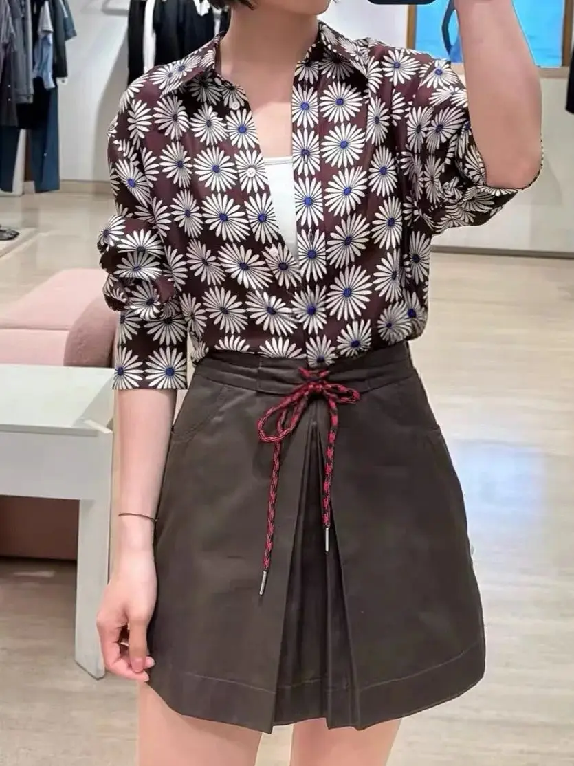 

Spring 2026 Women Brown Blouse Top Daisy Print Long Sleeve Single Breasted Turn-down Collar Vintage Ladies Shirt