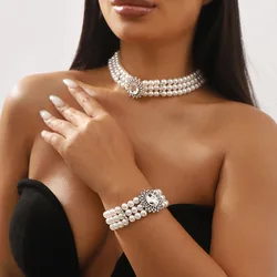 KMVEXO Multilayers Rhinestone Crystal Simulated Pearl Choker Necklace Bracelet Set for Women Wedding Jewelry Sets Collares Femme