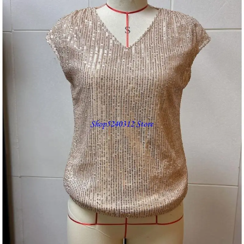 

634C Блузка с короткими рукавами и V-образным вырезом для женщин Блестящая рубашка Вечерний коктейльный топ