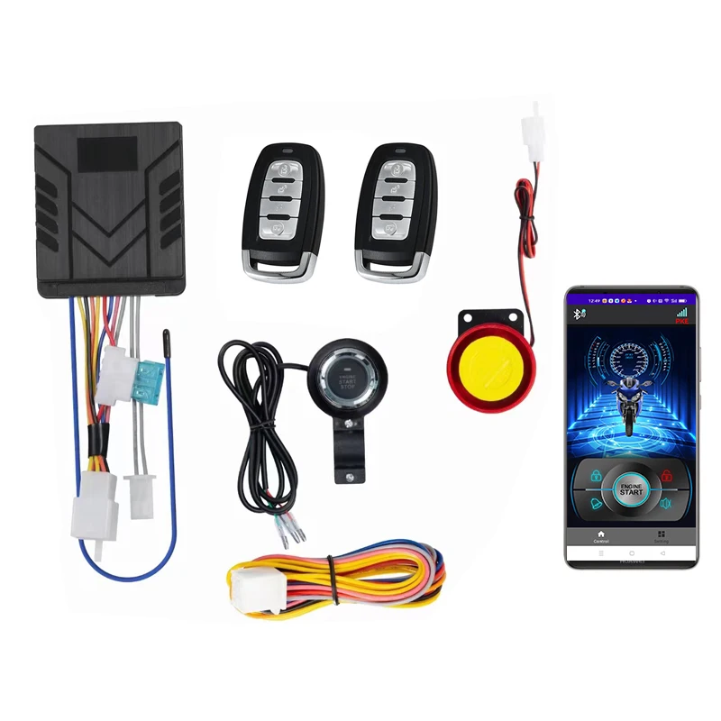Bluetooth 12V Motorcycle Alarm with One-Button Start Switch, Keyless Ignition App Sensor-Activated Anti-Theft Vibration Alarm.