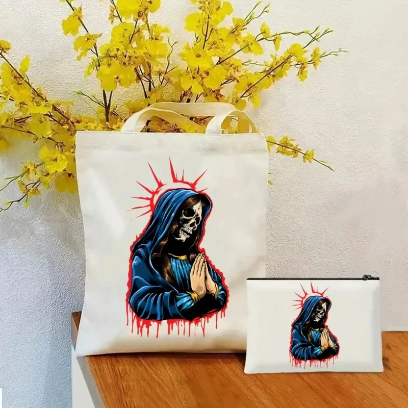 

2 Pcs Santa Muerte Tote Cosmetic Bag Holy Women Death Totem Ladies Canvas Shoulder Bag Eco-friendly Large Capacity Shopping Bag