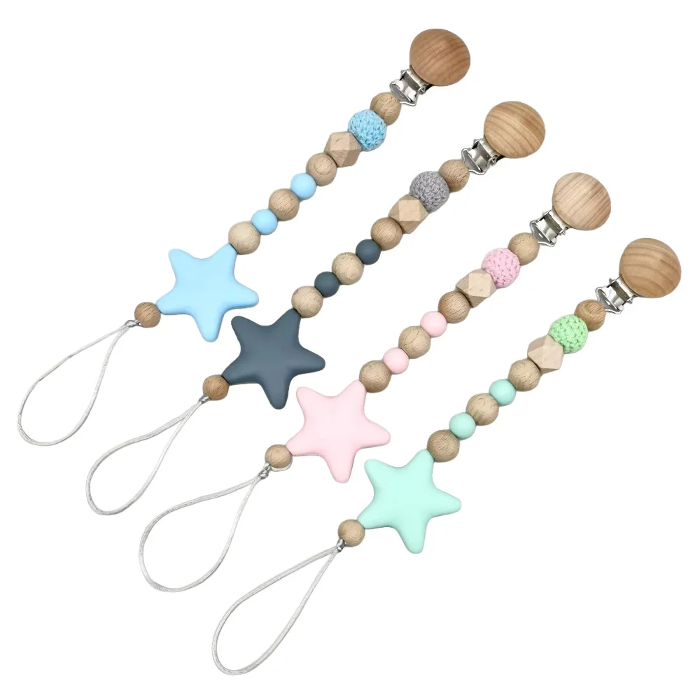 Buche Holz Baby Schnuller Clip Kette Silikon Fünf Sterne Nippelhalter
