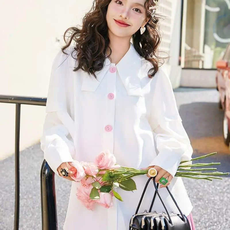 

Spring New S396 White Pink Button Loose Allmatch irt Women's Cleanfit Sle Poly Fabric Long Sve Ne Thin irt