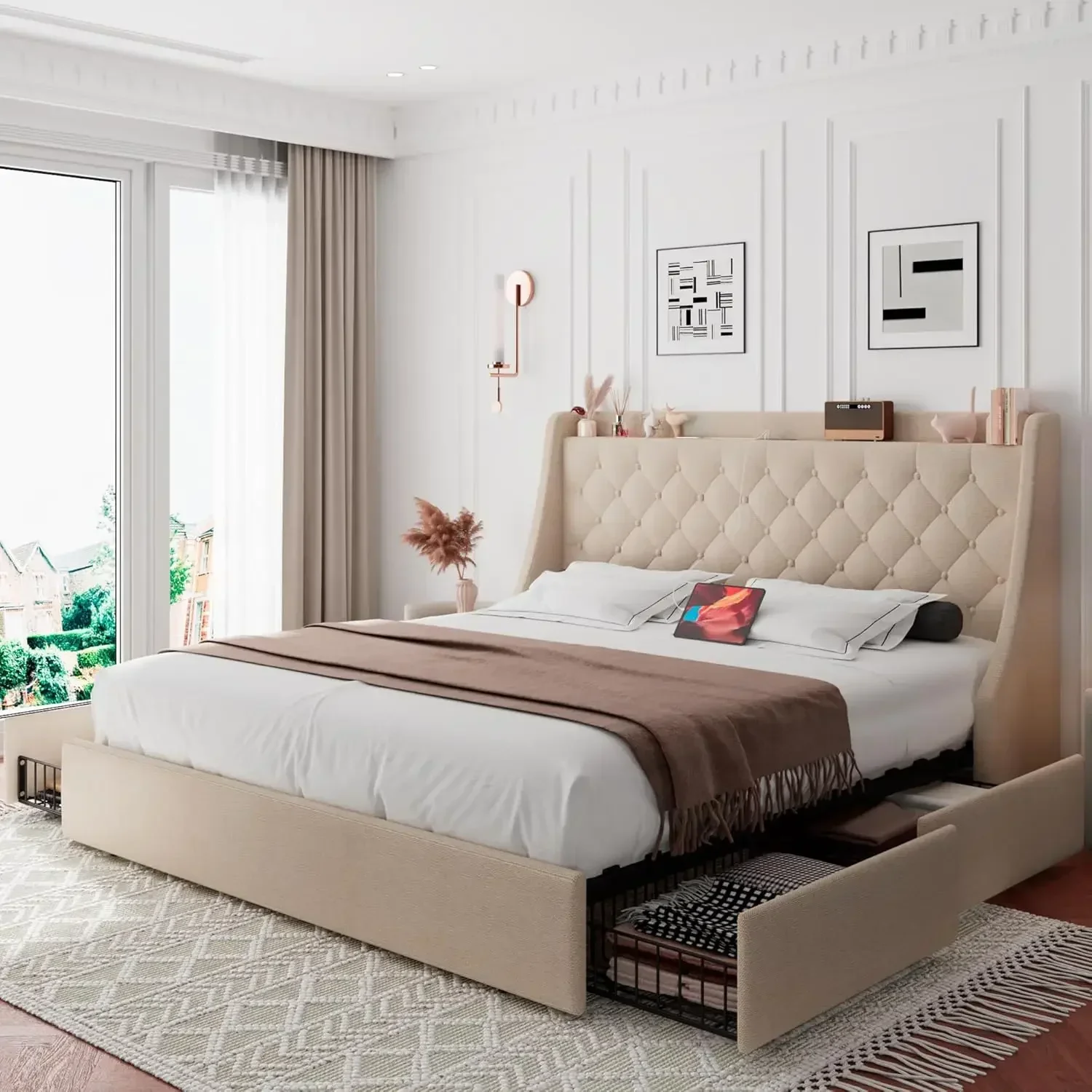 Upholstered Platform Bed Frame with Type-C & USB Ports, Wingback Storage Headboard, Solid Wood Slats