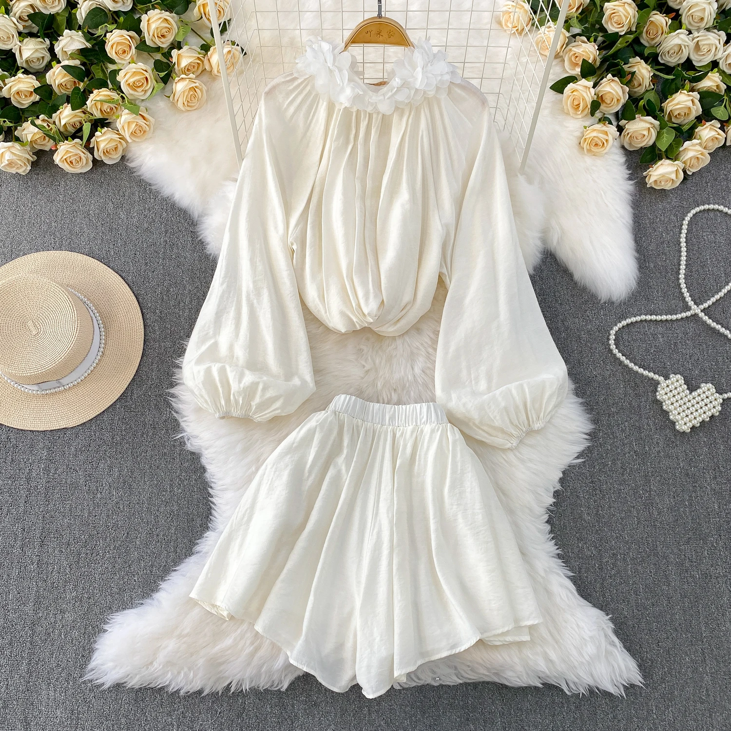 

Женский элегантный костюм с французским цветком, летние топы, рубашки, блузки, шорты, комплекты, женская милая принцесса, ужин, банкет, вечерние, свадебный наряд