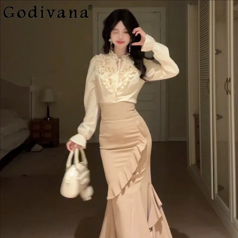 

Girls Pure Desire Sweet Set Ruffled Lace Shirt Top Bodycon Mermaid Skirt Two Piece Suit Women Autumn Elegant Skirt Outfits