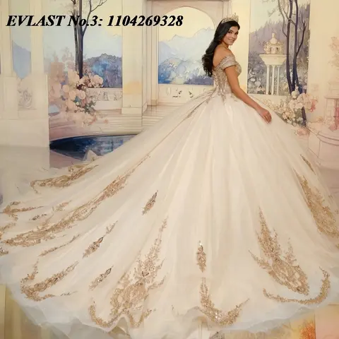 EVLAST Anpassad Champagnefärgad Quinceanera Klänning Balklänning Guld Spets Applikation Pärlor Korsett Sweet 16 Vestidos De 15 Anos E3Q827 8 best sales champagnefärgade quinceanera-klänningar - №7