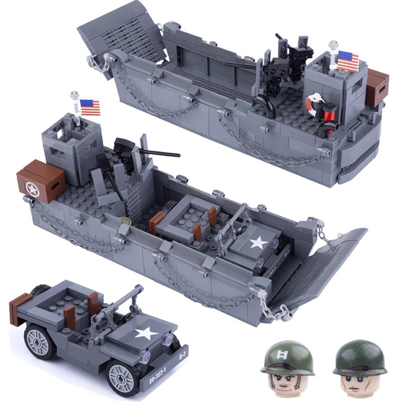 MOC-décennie s de construction de modèle de navire de guerre de péniche de terrestre quement militaire LCM3, WW2, soldats jeunesse, pièces de véhicule de l'armée, mini briques assemblées, jouets pour enfants