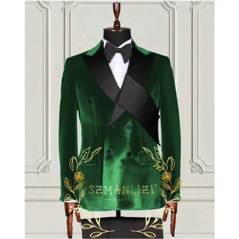 2 Pcs Suits Set Navy Blue Velvet Double Breasted Blazers Pants 2024 Fashion Men Wedding Party Slim Dress Formal Groom Tuxedos
